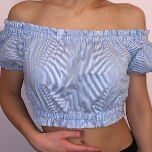 Blue striped off the shoulder crop top